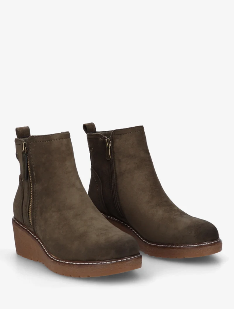 Bottines en suédine à talon semi-compensé et zip - Kaki
