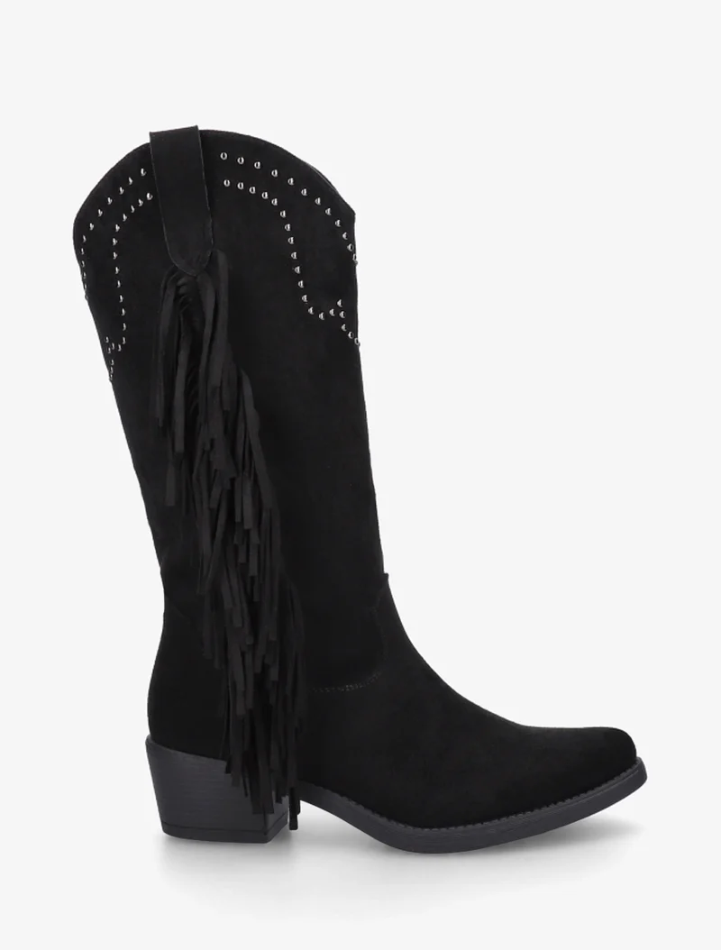Bottines montantes en suédine à franges et clous - Noir