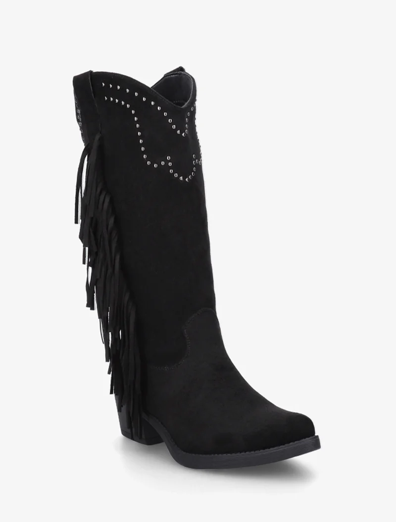 Bottines montantes en suédine à franges et clous - Noir