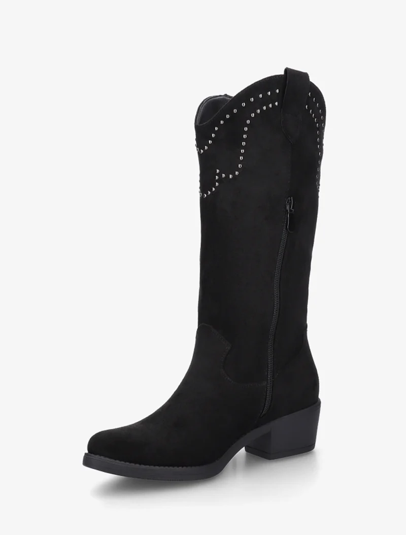 Bottines montantes en suédine à franges et clous - Noir