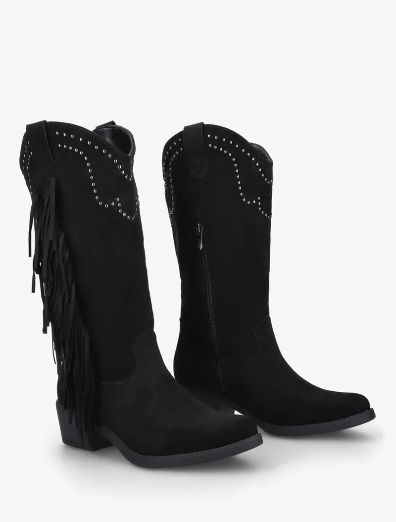 Bottines montantes en suédine à franges et clous - Noir
