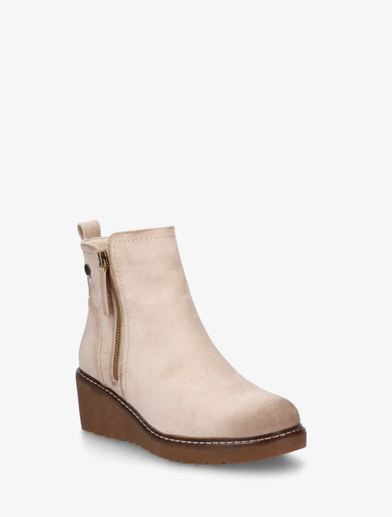 Bottines en suédine à talon semi-compensé et zip - Beige