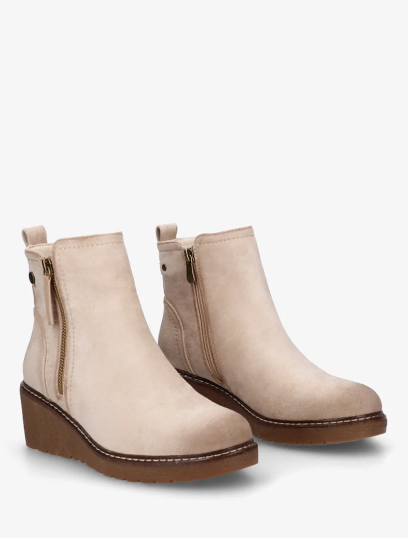 Bottines en suédine à talon semi-compensé et zip - Beige