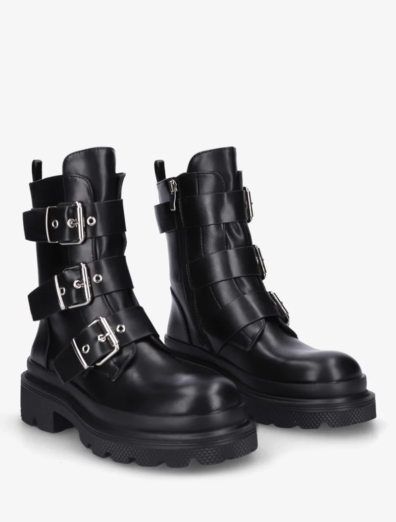 Bottines montantes à sangles et semelles crantées - Noir