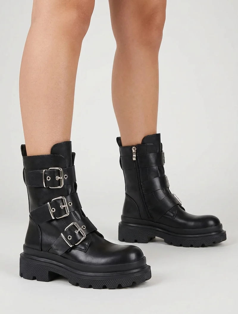 Bottines montantes à sangles et semelles crantées - Noir