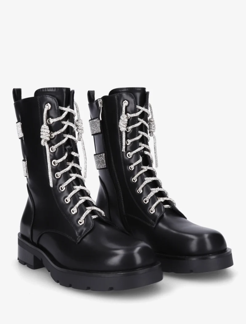 Boots à lacets et bandes strassées - Noir
