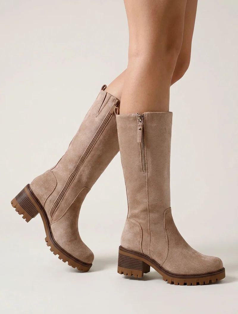 Bottines unies en suédine à zip décoratif - Taupe