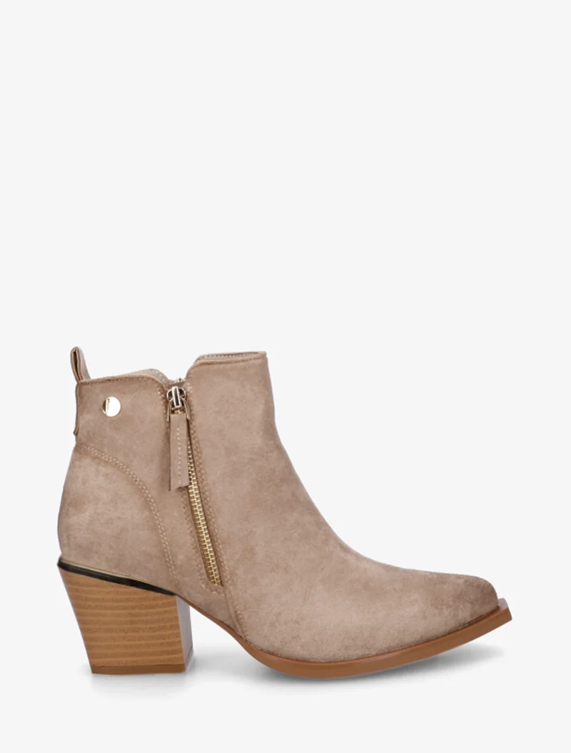 Bottines en suédine à zip décoratif et bouts pointus - Taupe