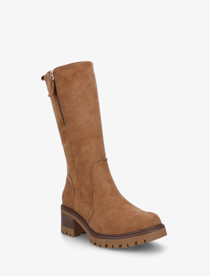 Bottines unies en suédine à zip décoratif - Camel