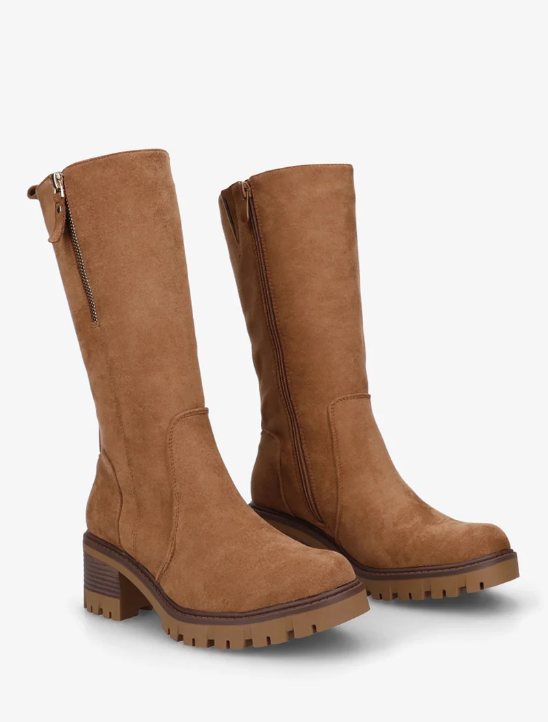 Bottines unies en suédine à zip décoratif - Camel