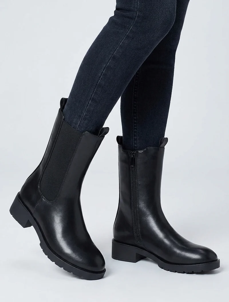 Bottines montantes en simili à cheville élastiquée - Noir