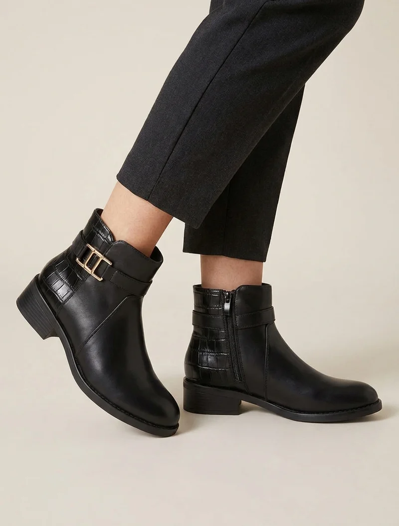 Bottines à contrefort effet croco et boucle décorative - Noir