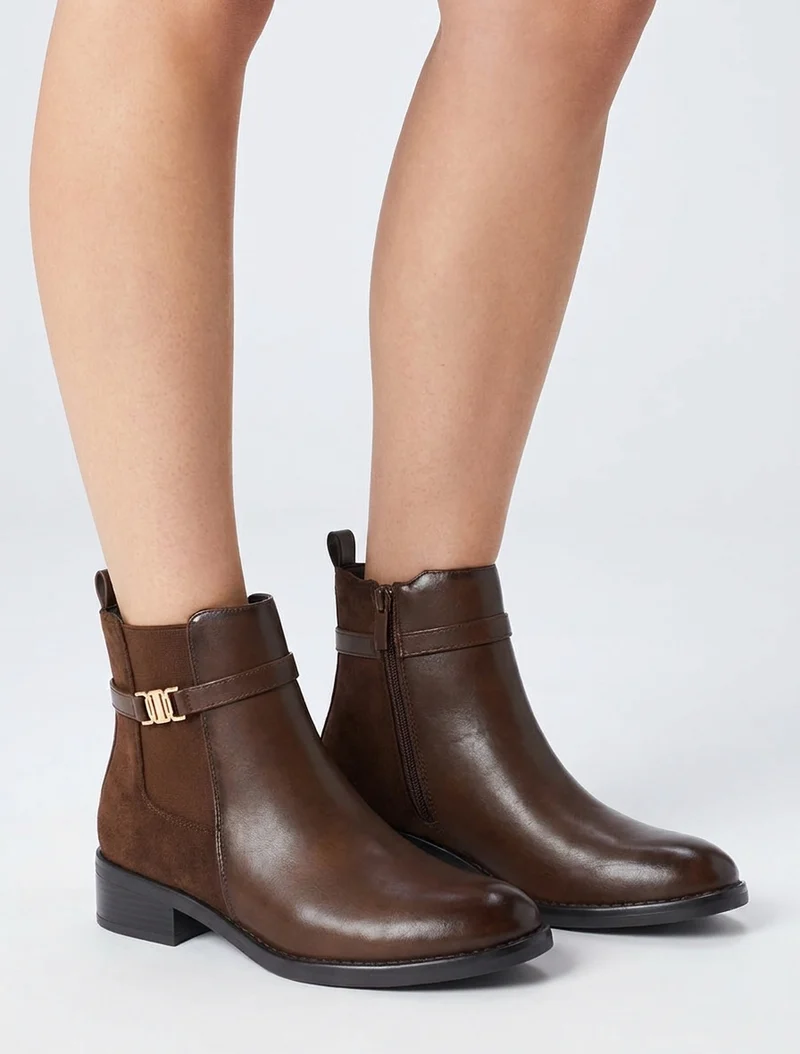 Bottines bimatière à boucle - Chocolat