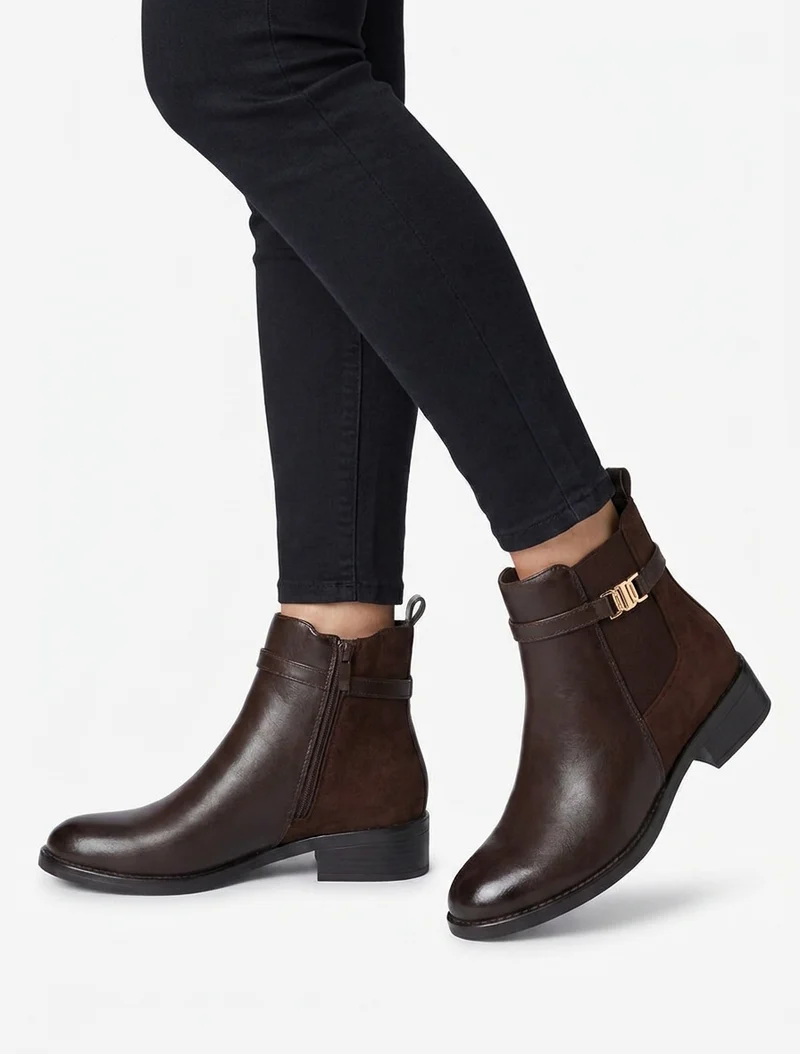 Bottines bimatière à boucle - Marron
