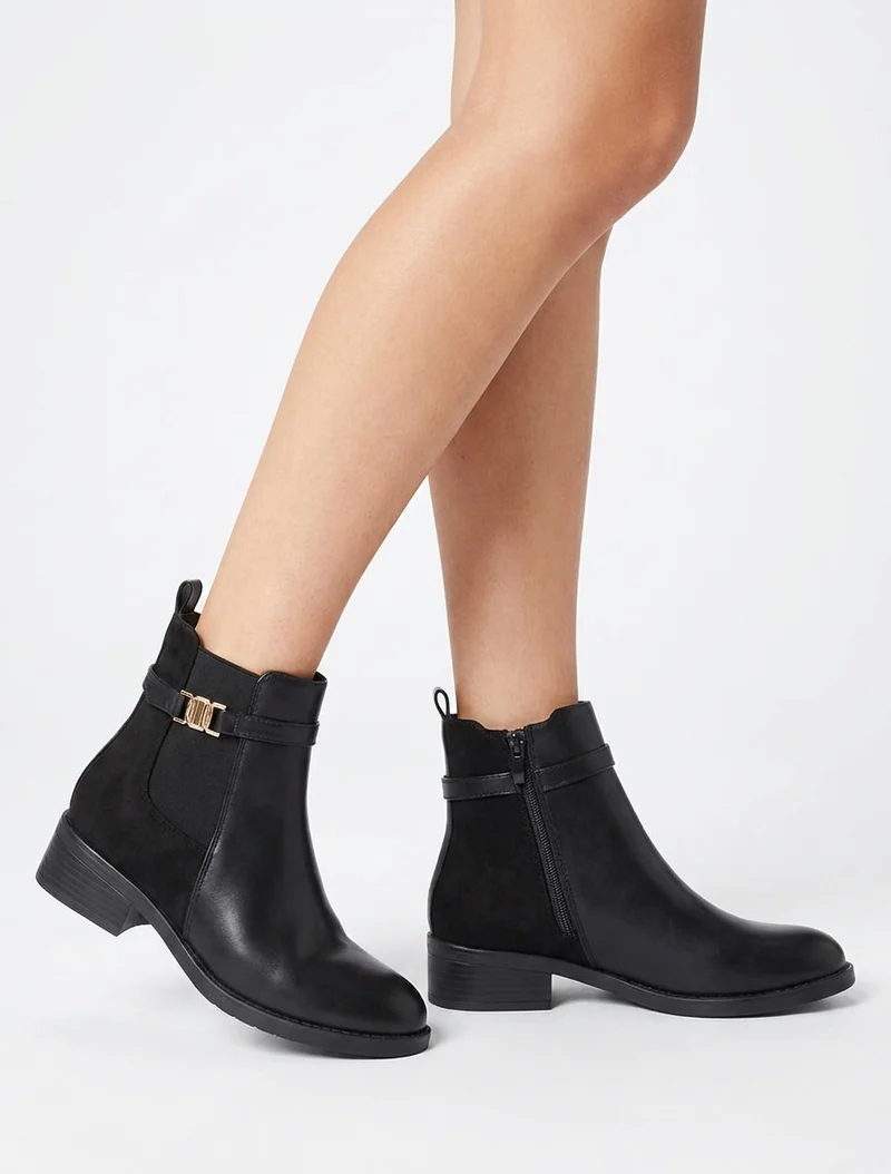Bottines bimatière à boucle - Noir