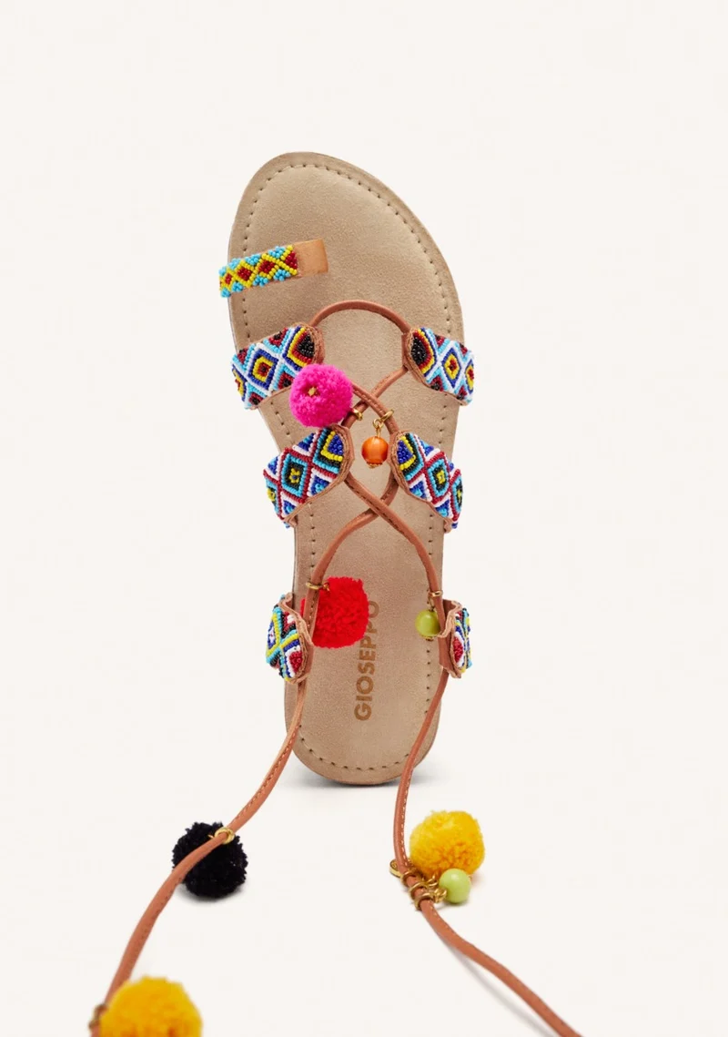 BEADED AND POMPOM LEATHER SANDALS DYANI