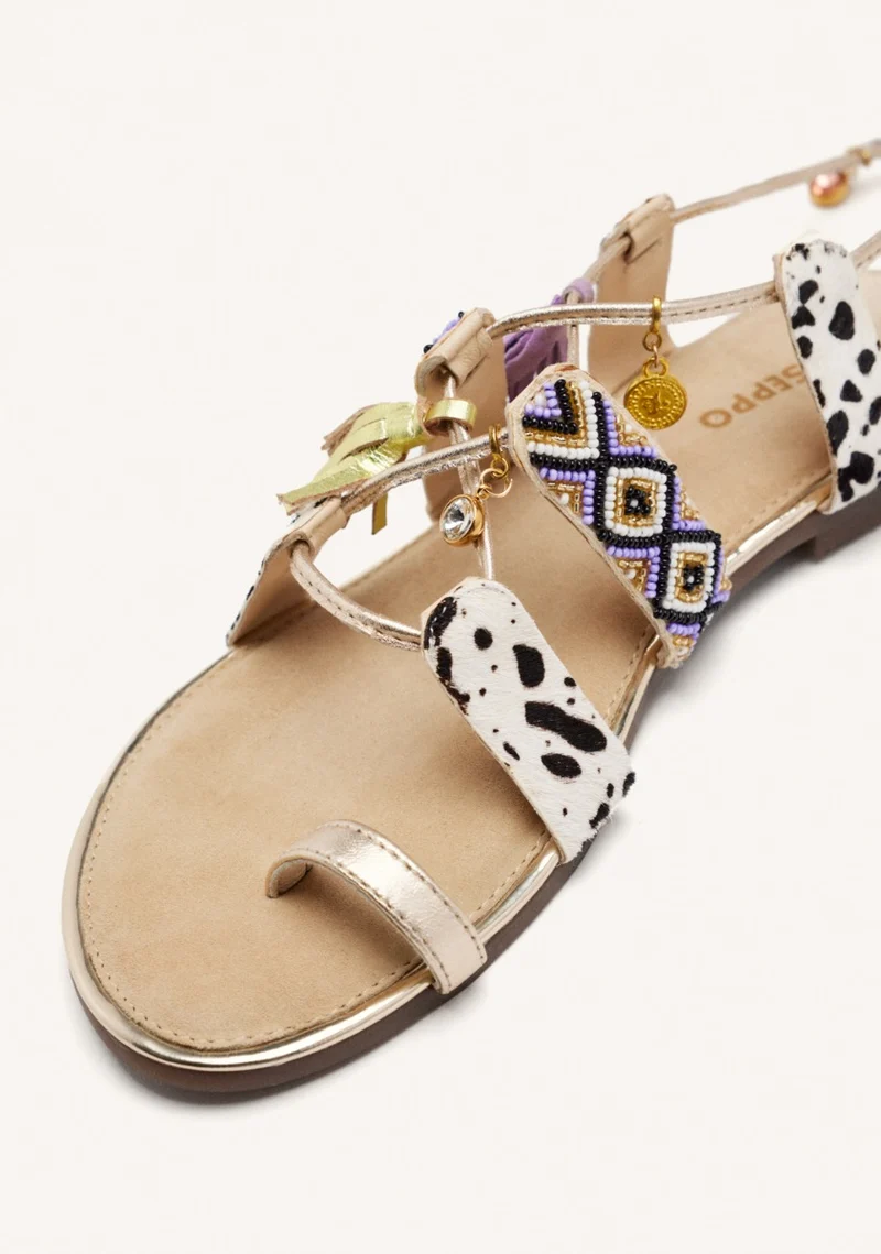 LEATHER SANDALS WITH BEADS AND FRINGES MONTELLO