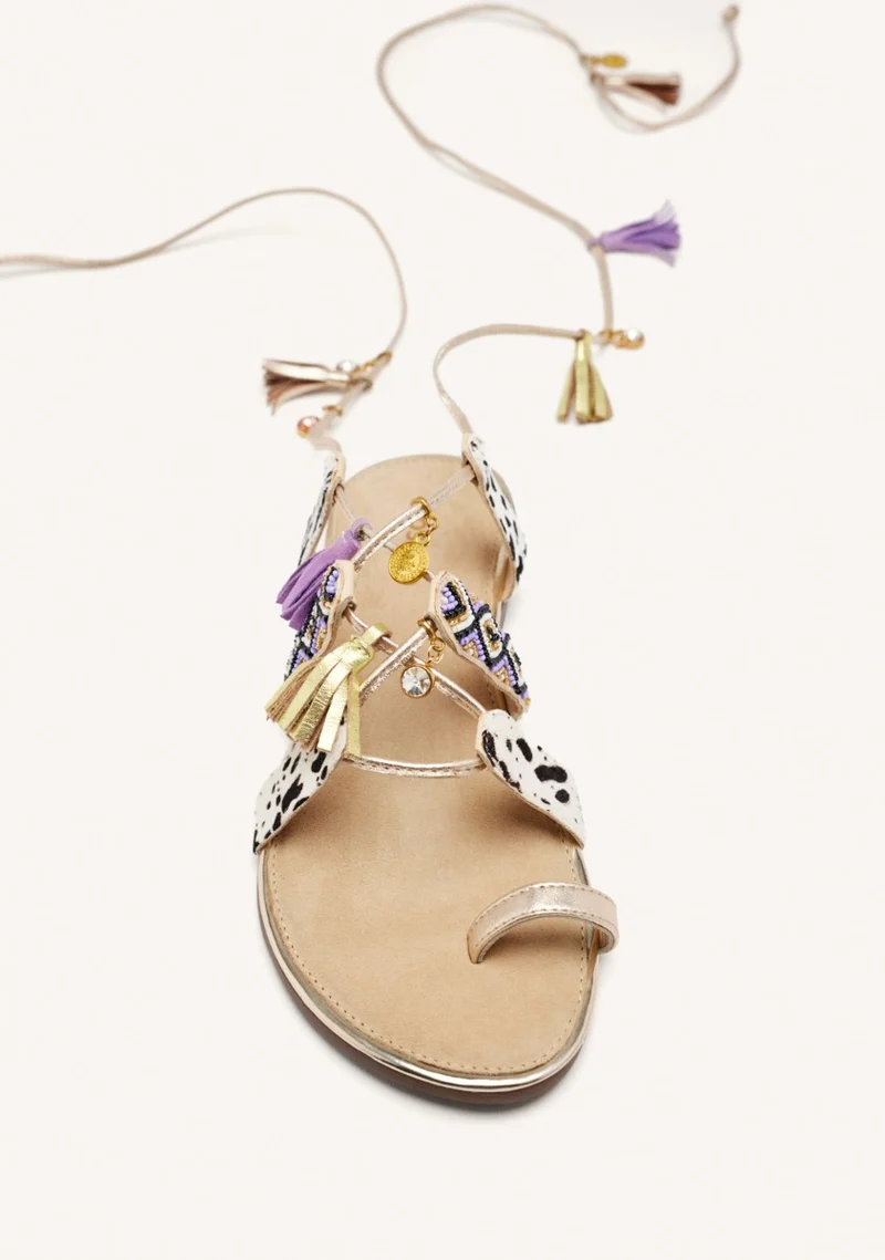 LEATHER SANDALS WITH BEADS AND FRINGES MONTELLO