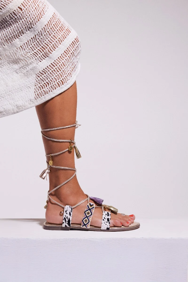LEATHER SANDALS WITH BEADS AND FRINGES MONTELLO