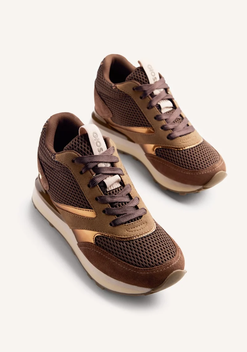 LEATHER AND MESH WEDGE SNEAKERS KEEWATIN