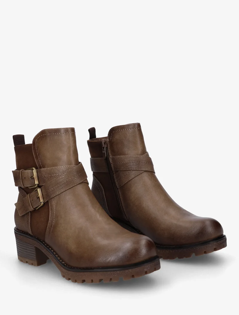 Bottines fourrées bi-matière à 2 boucles - Taupe