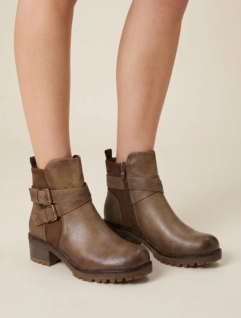 Bottines fourrées bi-matière à 2 boucles - Taupe
