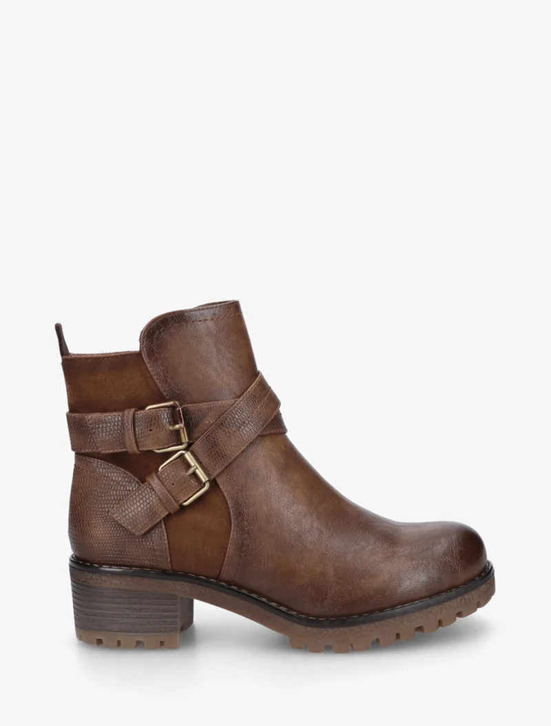 Bottines fourrées bi-matière à 2 boucles - Camel