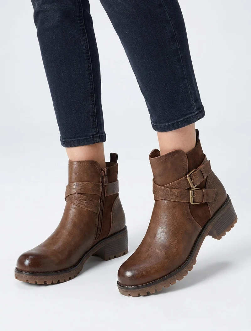 Bottines fourrées bi-matière à 2 boucles - Camel