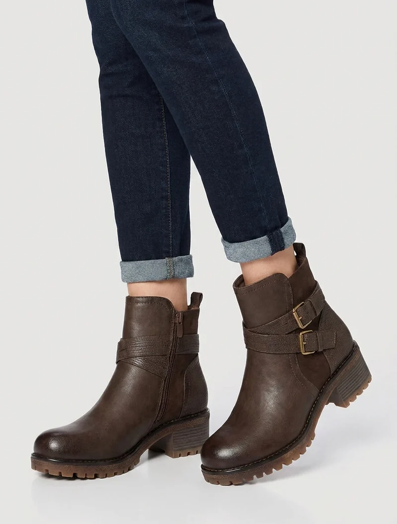 Bottines fourrées bi-matière à 2 boucles - Marron