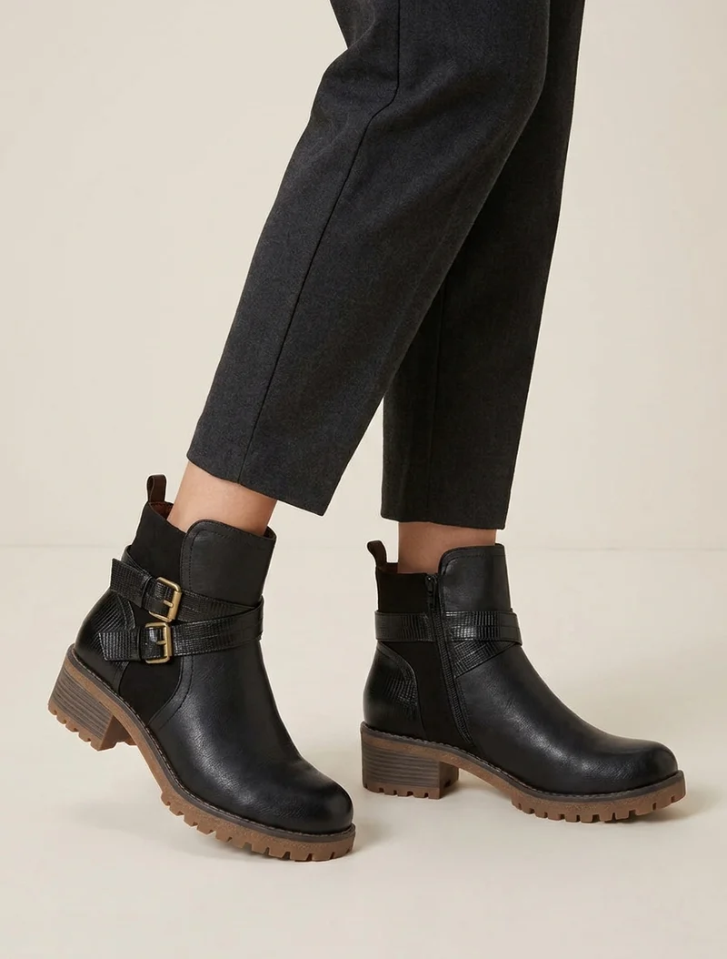 Bottines fourrées bi-matière à 2 boucles - Noir