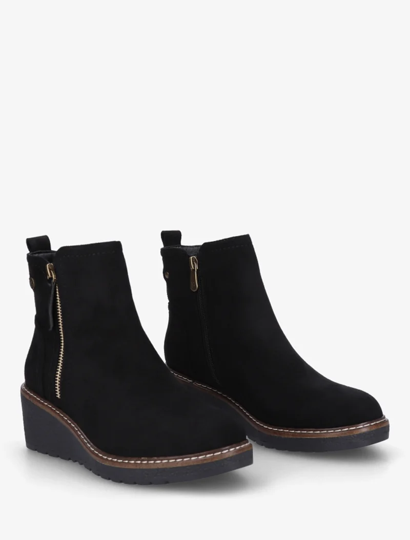 Bottines en suédine à talon semi-compensé et zip - Noir