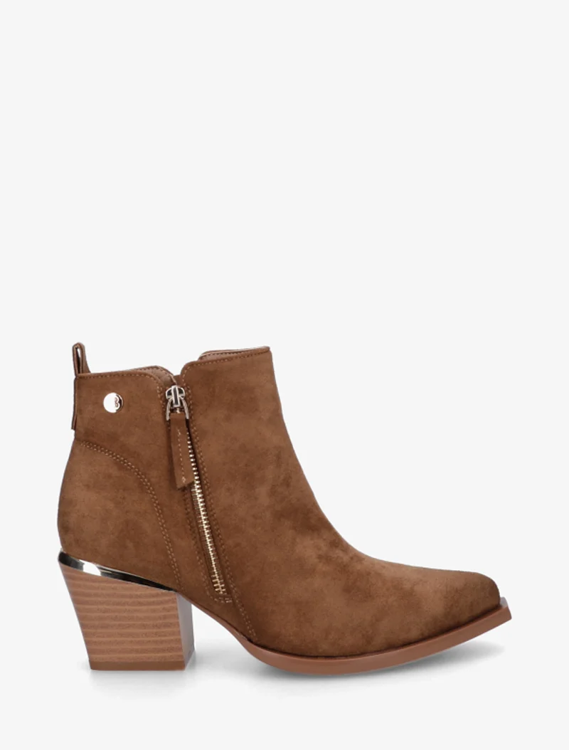 Bottines en suédine à zip décoratif et bouts pointus - Camel