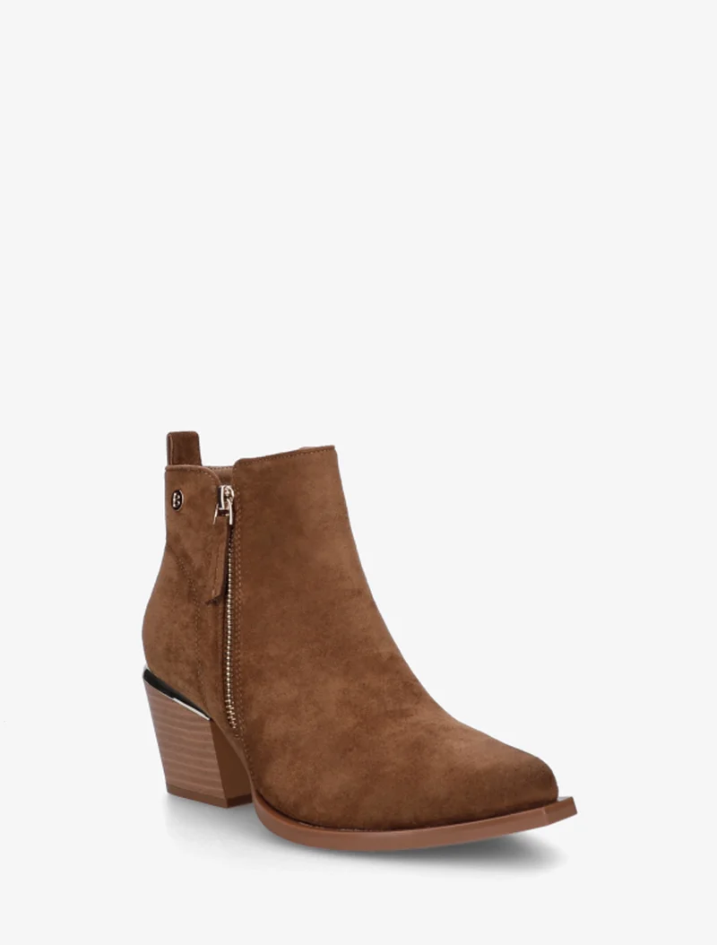 Bottines en suédine à zip décoratif et bouts pointus - Camel