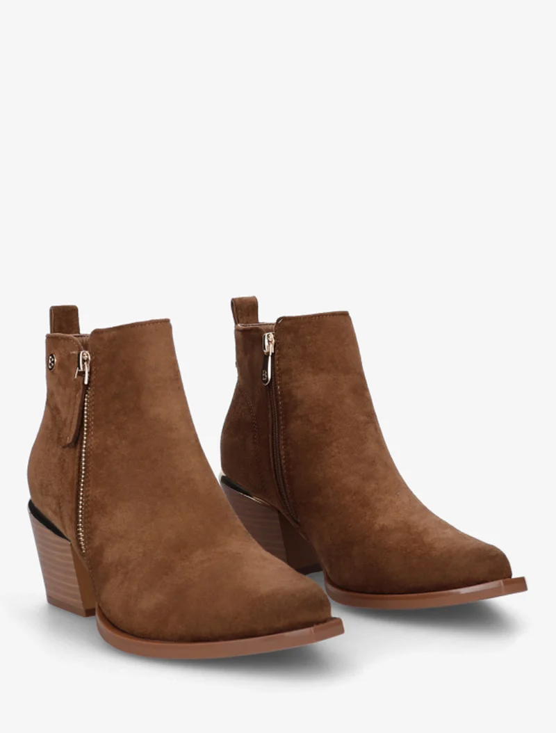 Bottines en suédine à zip décoratif et bouts pointus - Camel