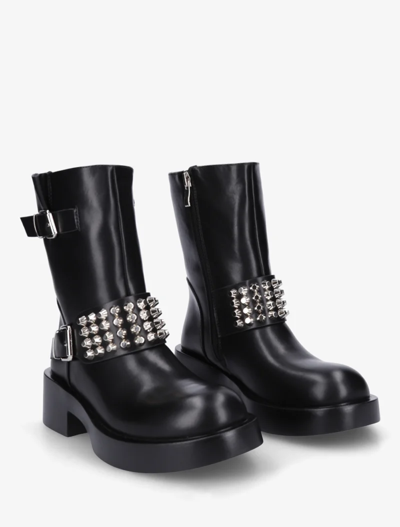 Boots style motard à clous et sangles - Noir
