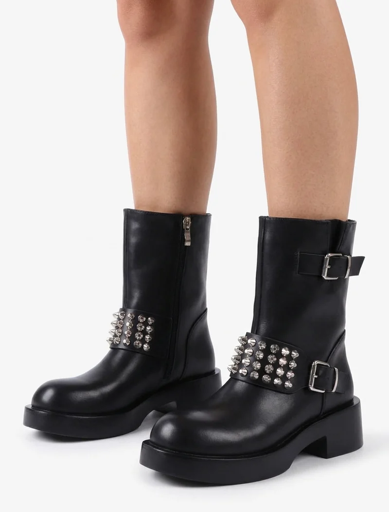 Boots style motard à clous et sangles - Noir