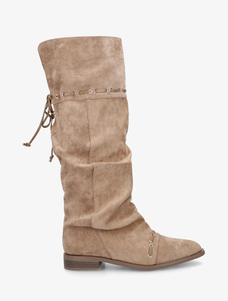 Bottes en suédine à cordons de serrage - Taupe