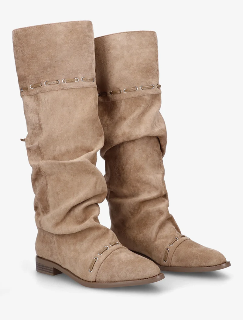 Bottes en suédine à cordons de serrage - Taupe