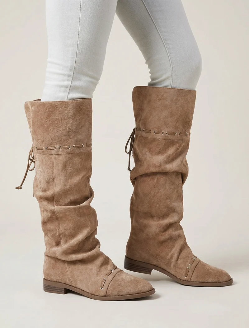 Bottes en suédine à cordons de serrage - Taupe