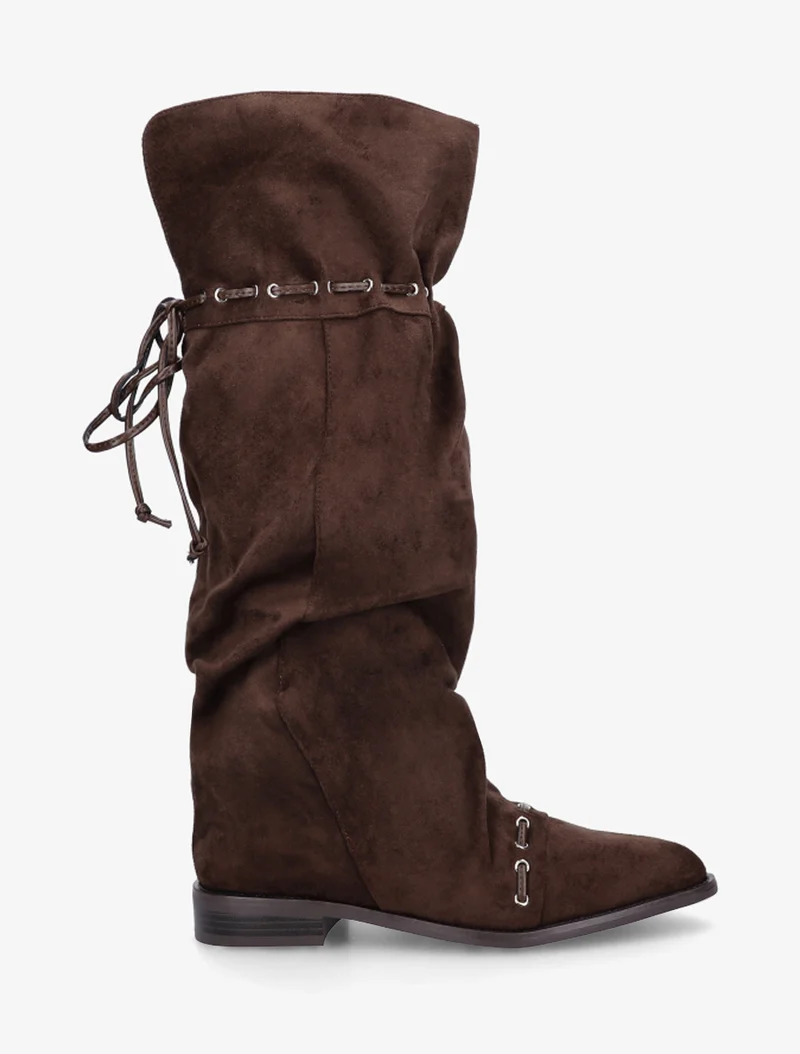 Bottes en suédine à cordons de serrage - Marron
