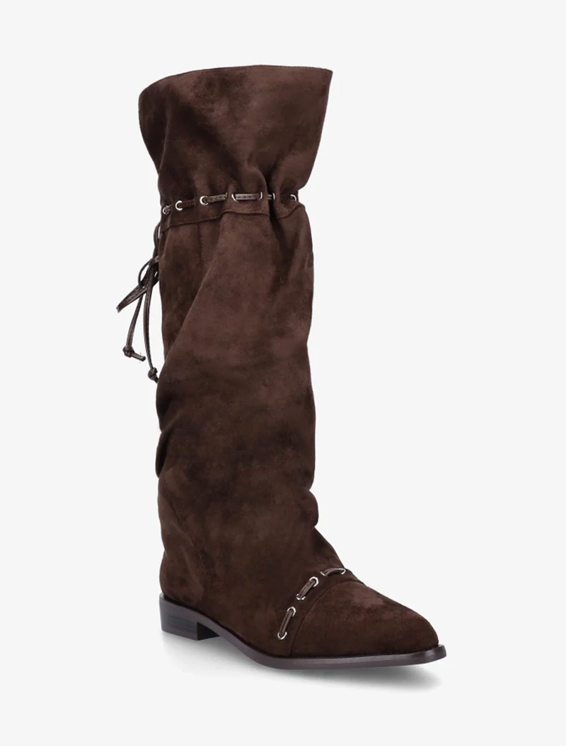 Bottes en suédine à cordons de serrage - Marron