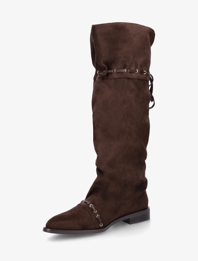 Bottes en suédine à cordons de serrage - Marron