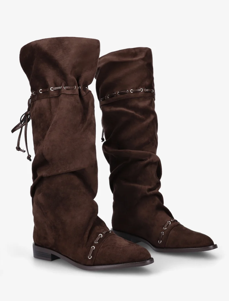 Bottes en suédine à cordons de serrage - Marron
