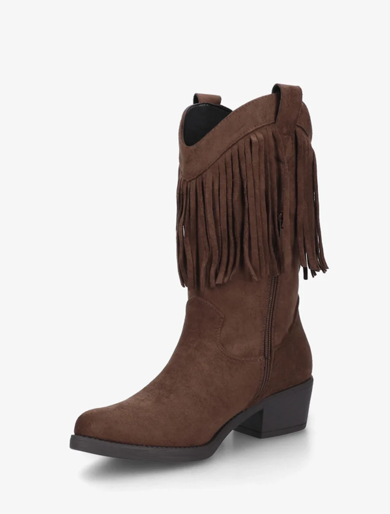 Bottines style santiags à franges - Marron