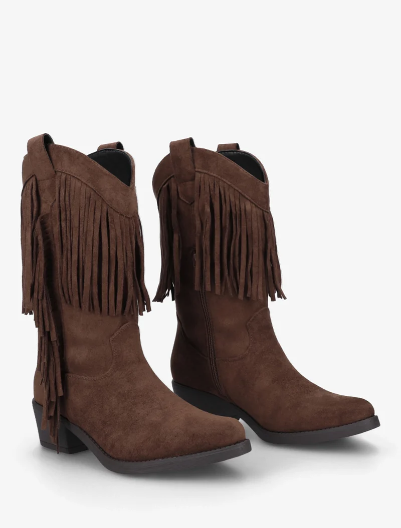 Bottines style santiags à franges - Marron