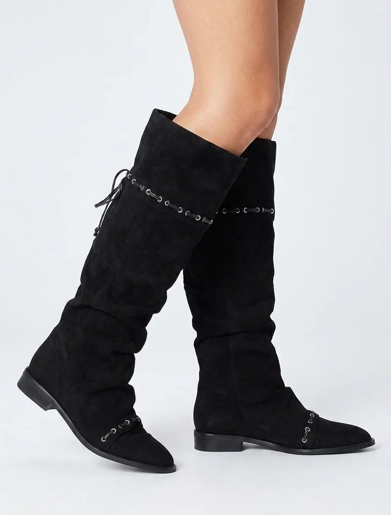 Bottes en suédine à cordons de serrage - Noir
