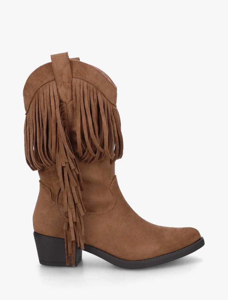 Bottines style santiags à franges - Camel
