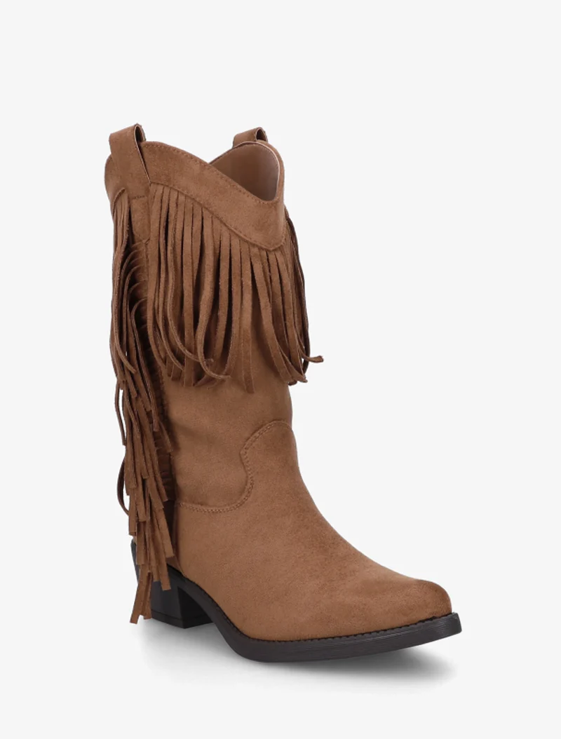 Bottines style santiags à franges - Camel