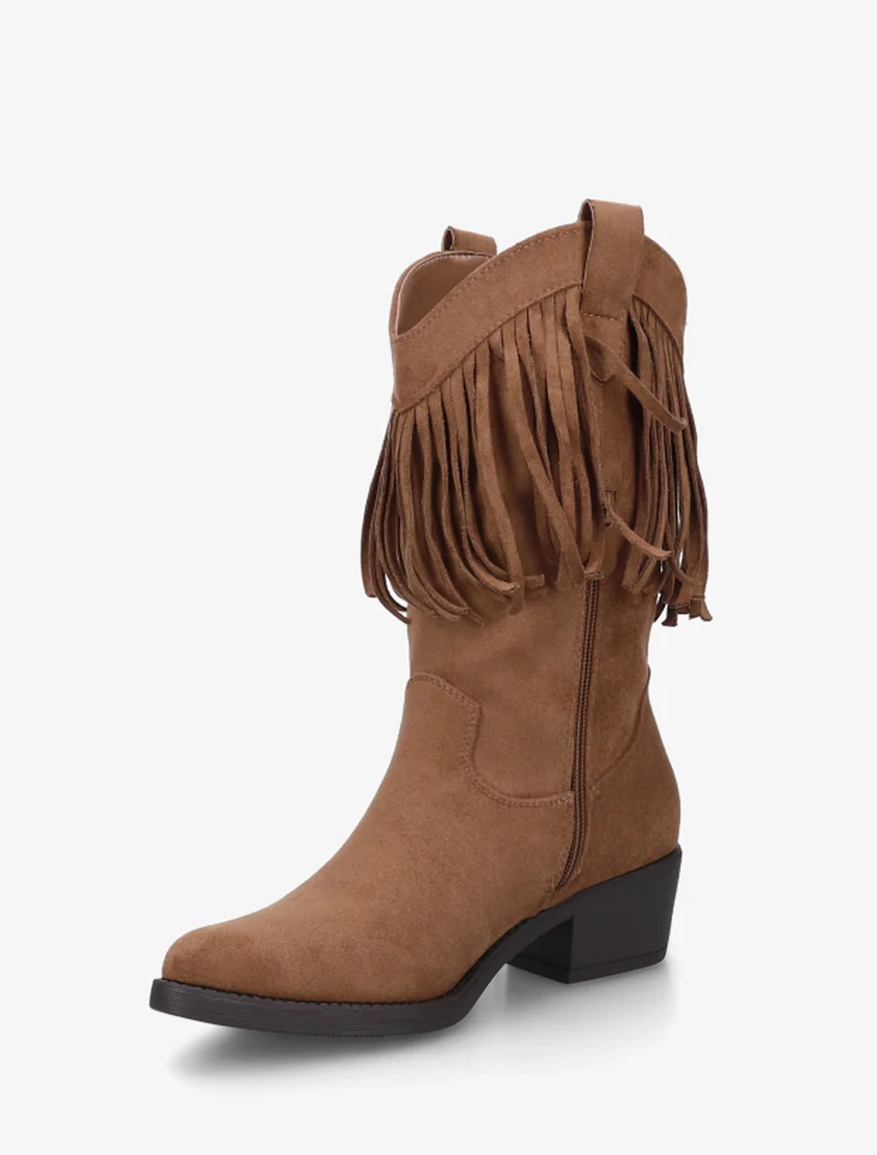 Bottines style santiags à franges - Camel