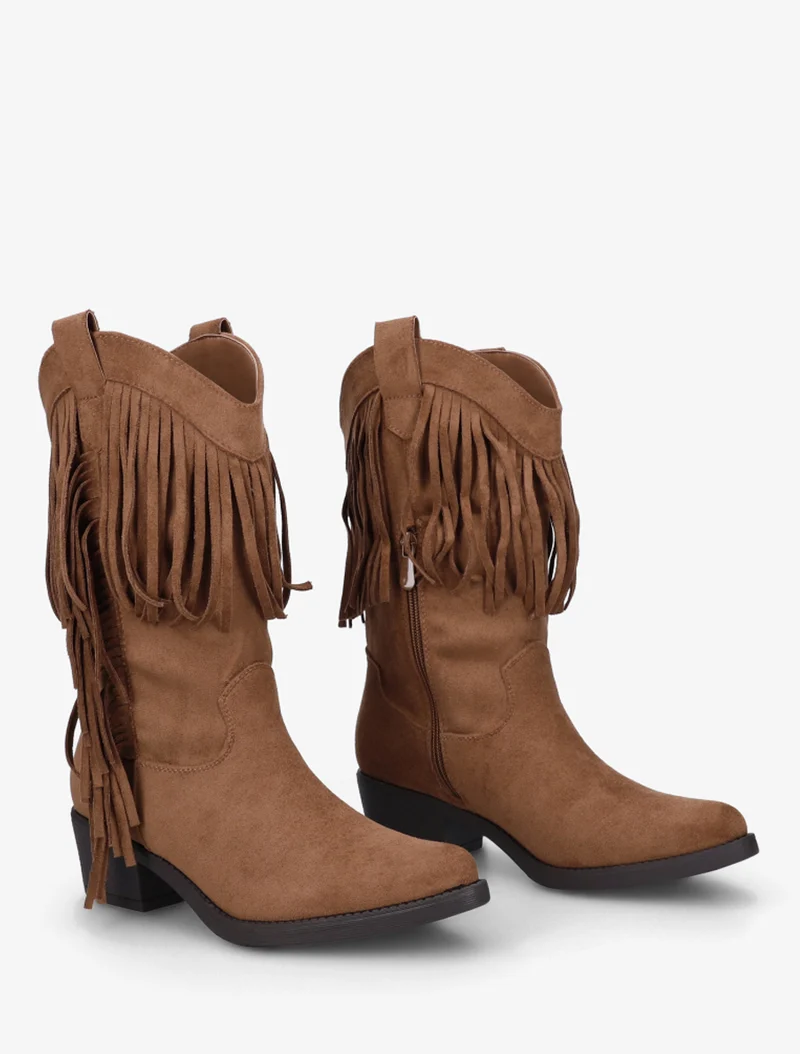 Bottines style santiags à franges - Camel